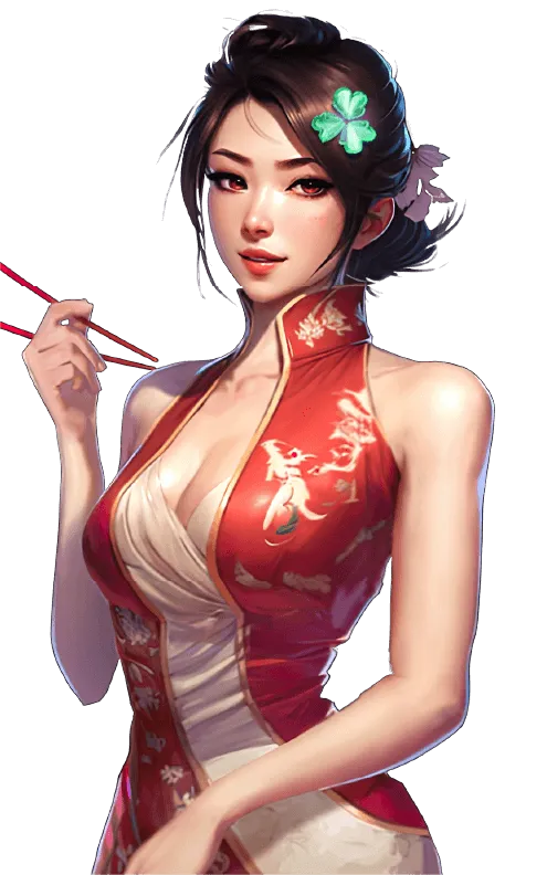 3D female character of asian descent in revealing chinese traditional outfit holding a pair of chopsticks