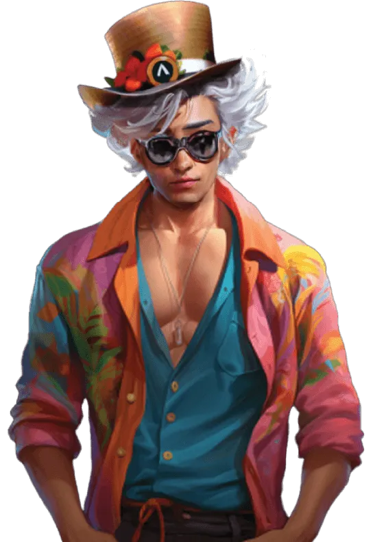 3D male character with top hat and sunglasses dressed in turqoise inner shirt overlaid with orange shirt
